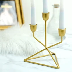 2 Pack | 3 Arm Gold Metal Geometric Taper Candle Candelabra Holder Centerpiece With Triangle Base - 7" -Home Decor Promotional Store IRON CAND TP009 GOLD D02.progressive 26da1c90 ea5b 46ed bcd0 ca50912b0757