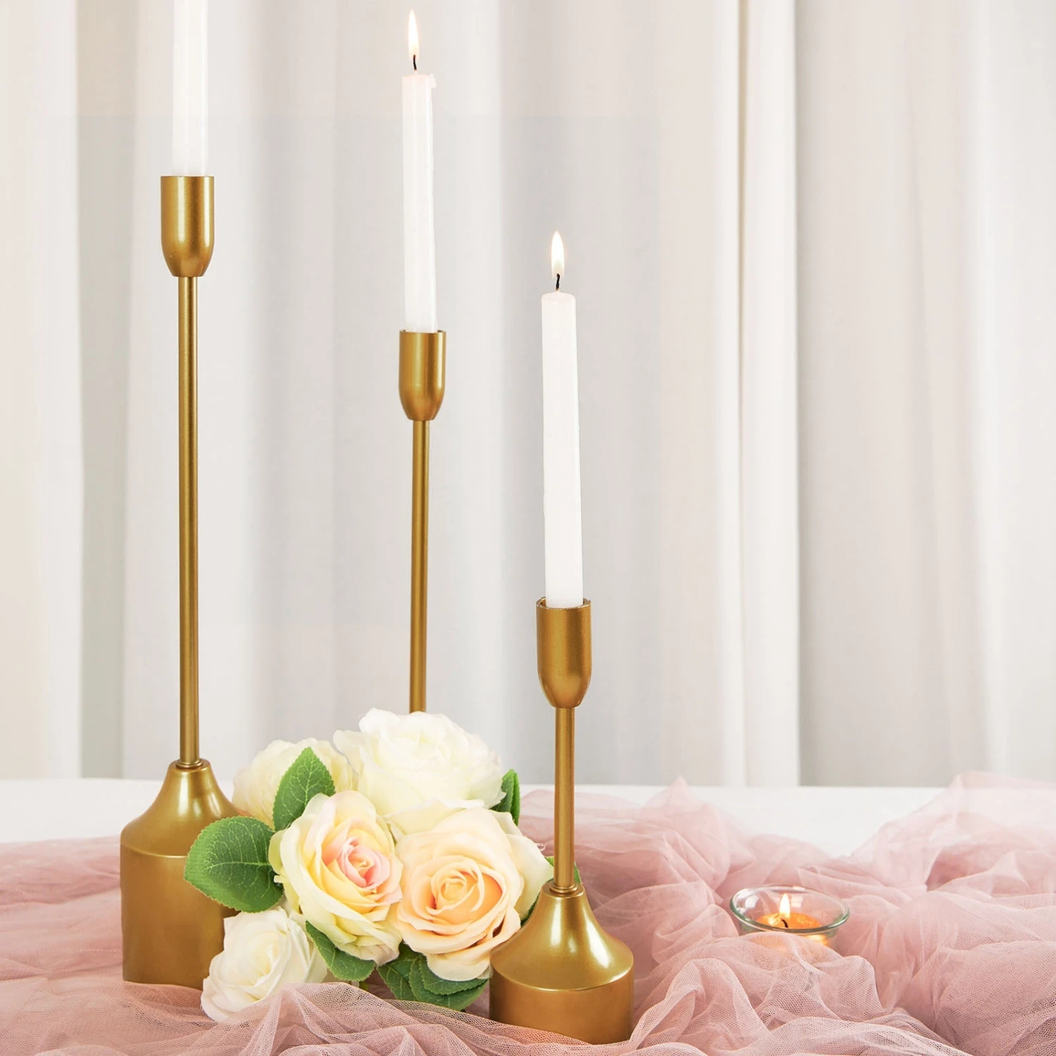 Set Of 3 | Gold Metal Taper Candle Holder Set With Weighted Base - 9"/13"/16" 4 Set Of 3 | Gold Metal Taper Candle Holder Set With Weighted Base - 9"/13"/16" - Image 4