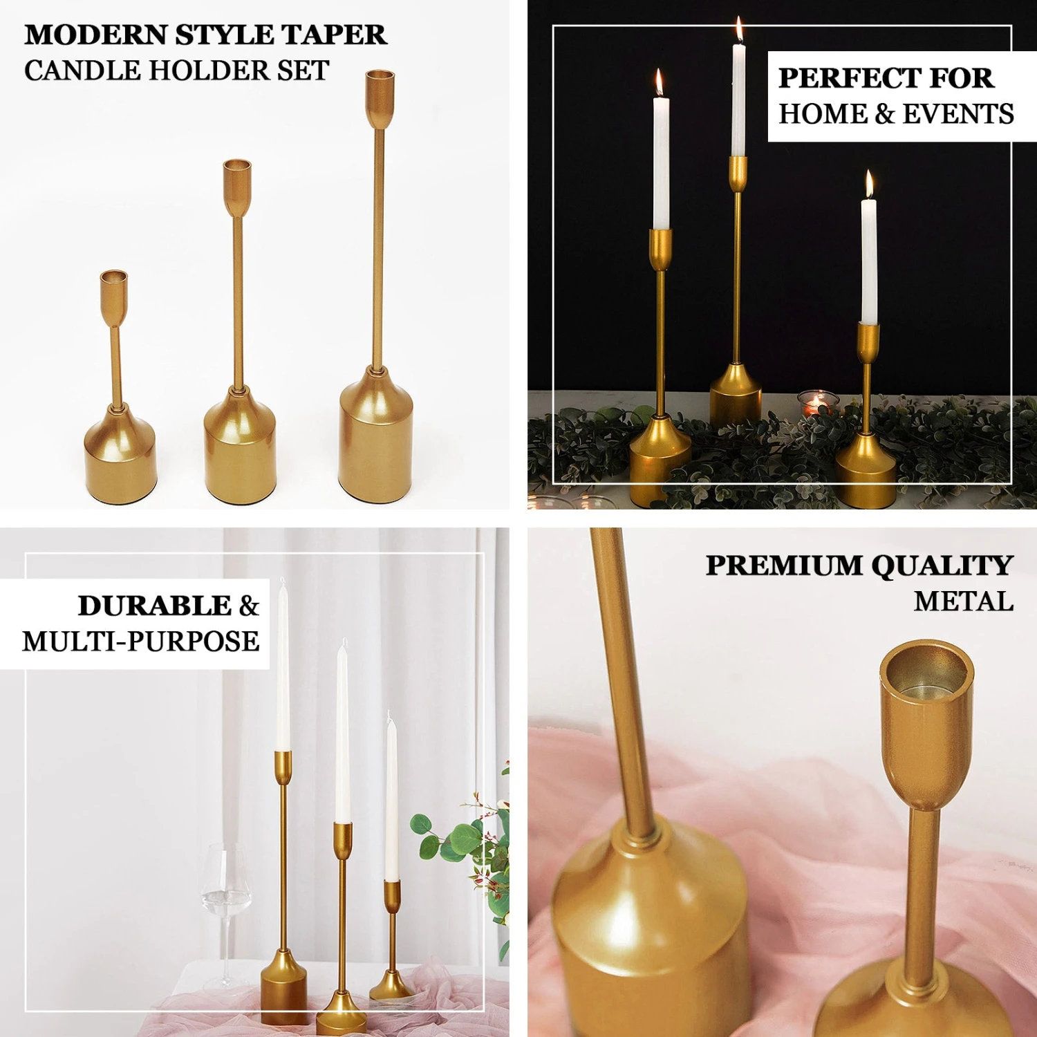 Set Of 3 | Gold Metal Taper Candle Holder Set With Weighted Base - 9"/13"/16" 2 Set Of 3 | Gold Metal Taper Candle Holder Set With Weighted Base - 9"/13"/16" - Image 2