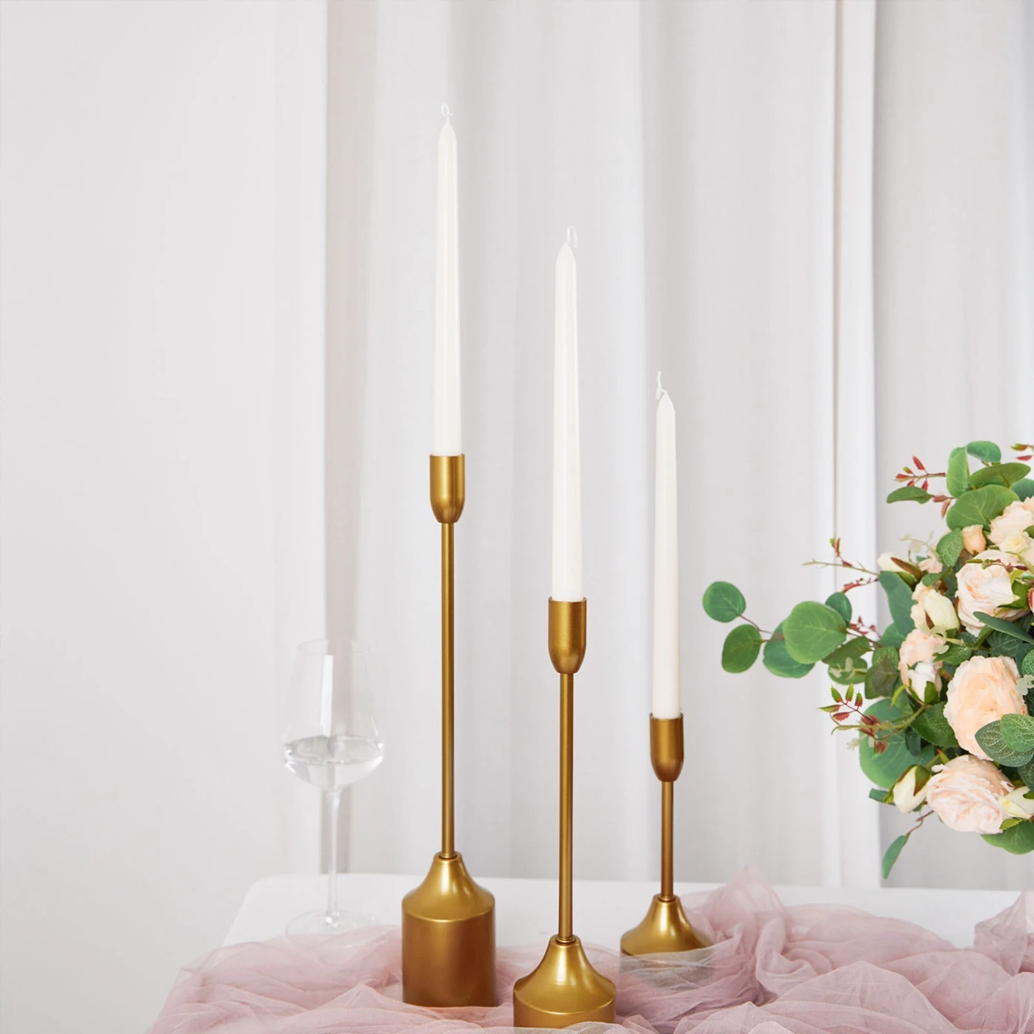 Set Of 3 | Gold Metal Taper Candle Holder Set With Weighted Base - 9"/13"/16" 1 Set Of 3 | Gold Metal Taper Candle Holder Set With Weighted Base - 9"/13"/16"