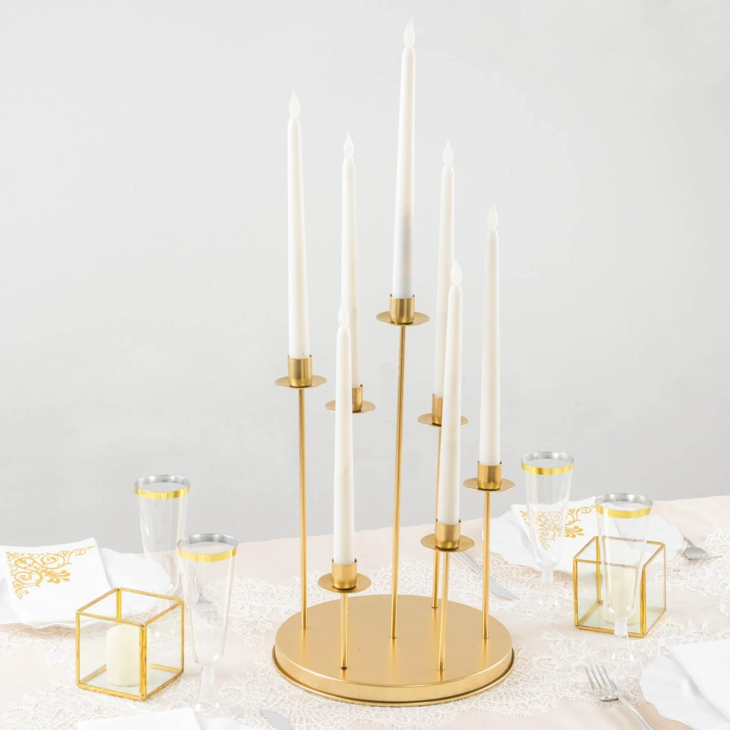 Vintage Gold Metal Taper Candle Holder Centerpiece, Round Tabletop Candelabra 14 Vintage Gold Metal Taper Candle Holder Centerpiece, Round Tabletop Candelabra - Image 14