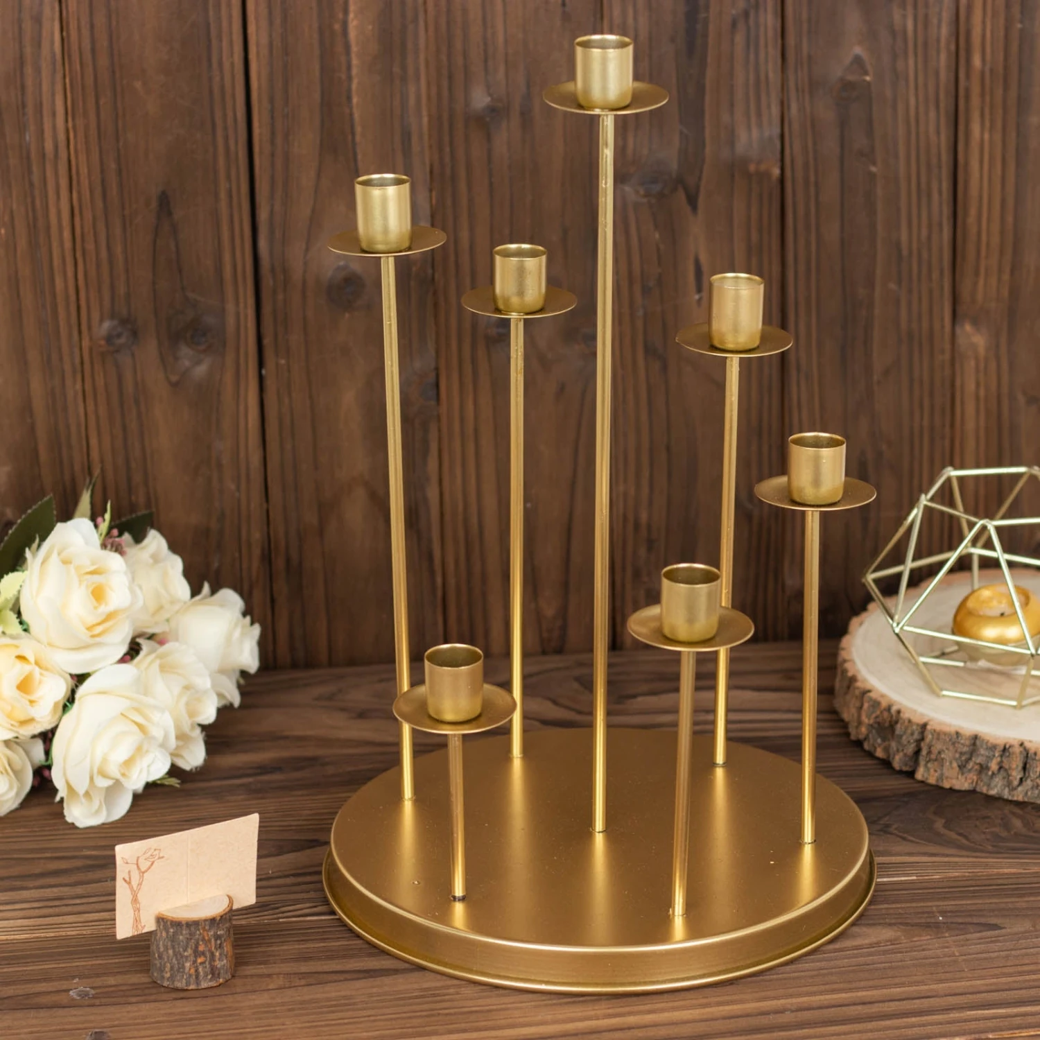 Vintage Gold Metal Taper Candle Holder Centerpiece, Round Tabletop Candelabra 3 Vintage Gold Metal Taper Candle Holder Centerpiece, Round Tabletop Candelabra - Image 3