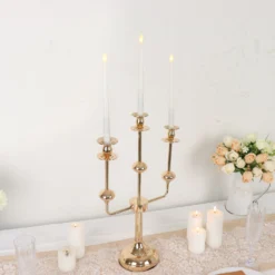 Gold Metal 3-Arm Candle Holder Candelabra Table Centerpiece, Taper Candle Stick Stand 20" -Home Decor Promotional Store IRON CAND TP013 3 GOLD D12