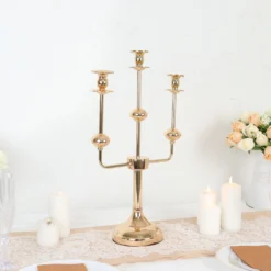 Gold Metal 3-Arm Candle Holder Candelabra Table Centerpiece, Taper Candle Stick Stand 20"