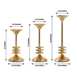 Set Of 3 | Gold Metal Taper Candlestick Holders, 3 Disk Pedestal Design Candle Stands - 9", 11", 13" 19 Set Of 3 | Gold Metal Taper Candlestick Holders, 3 Disk Pedestal Design Candle Stands - 9", 11", 13" -Home Decor Promotional Store IRON CAND TP014 SET GOLD 98
