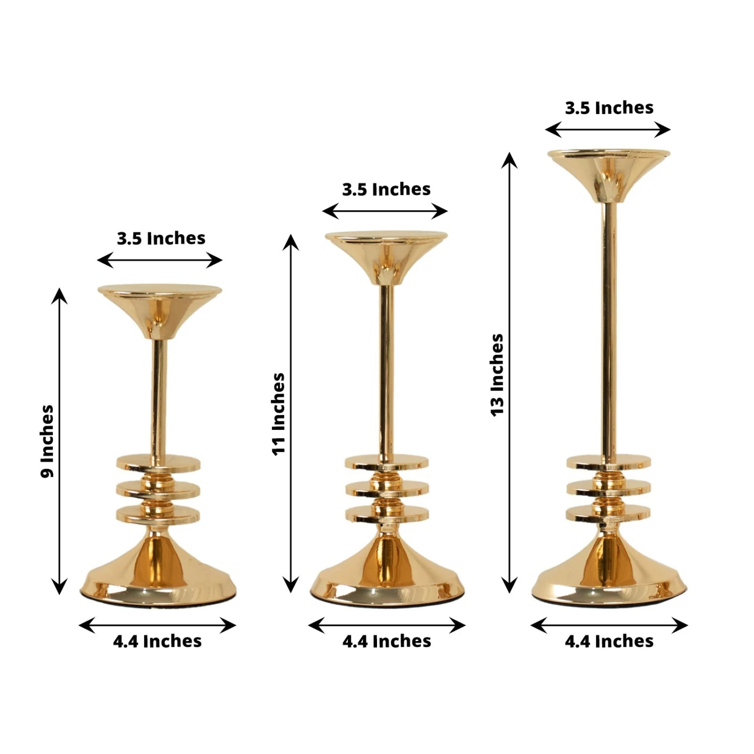 Set Of 3 | Gold Metal Taper Candlestick Holders, 3 Disk Pedestal Design Candle Stands - 9", 11", 13" 10 Set Of 3 | Gold Metal Taper Candlestick Holders, 3 Disk Pedestal Design Candle Stands - 9", 11", 13" - Image 10