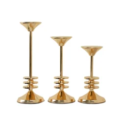 Set Of 3 | Gold Metal Taper Candlestick Holders, 3 Disk Pedestal Design Candle Stands - 9", 11", 13" 18 Set Of 3 | Gold Metal Taper Candlestick Holders, 3 Disk Pedestal Design Candle Stands - 9", 11", 13" -Home Decor Promotional Store IRON CAND TP014 SET GOLD 99