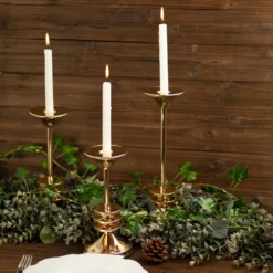 Set Of 3 | Gold Metal Taper Candlestick Holders, 3 Disk Pedestal Design Candle Stands - 9", 11", 13" 13 Set Of 3 | Gold Metal Taper Candlestick Holders, 3 Disk Pedestal Design Candle Stands - 9", 11", 13" -Home Decor Promotional Store IRON CAND TP014 SET GOLD D02