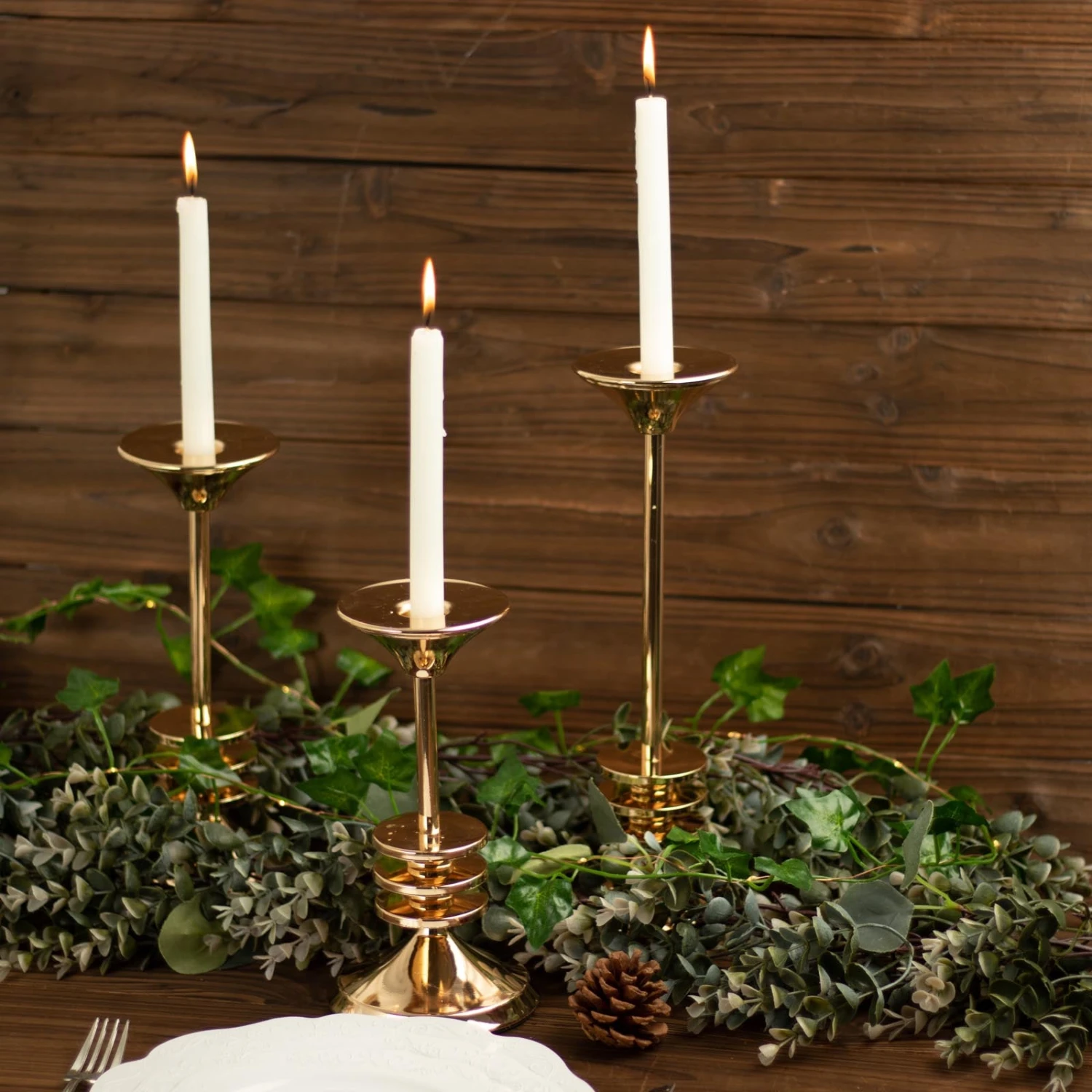 Set Of 3 | Gold Metal Taper Candlestick Holders, 3 Disk Pedestal Design Candle Stands - 9", 11", 13" 4 Set Of 3 | Gold Metal Taper Candlestick Holders, 3 Disk Pedestal Design Candle Stands - 9", 11", 13" - Image 4