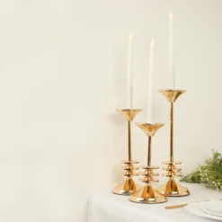 Set Of 3 | Gold Metal Taper Candlestick Holders, 3 Disk Pedestal Design Candle Stands - 9", 11", 13" 15 Set Of 3 | Gold Metal Taper Candlestick Holders, 3 Disk Pedestal Design Candle Stands - 9", 11", 13" -Home Decor Promotional Store IRON CAND TP014 SET GOLD D04