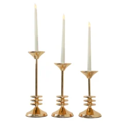 Set Of 3 | Gold Metal Taper Candlestick Holders, 3 Disk Pedestal Design Candle Stands - 9", 11", 13" 17 Set Of 3 | Gold Metal Taper Candlestick Holders, 3 Disk Pedestal Design Candle Stands - 9", 11", 13" -Home Decor Promotional Store IRON CAND TP014 SET GOLD D06