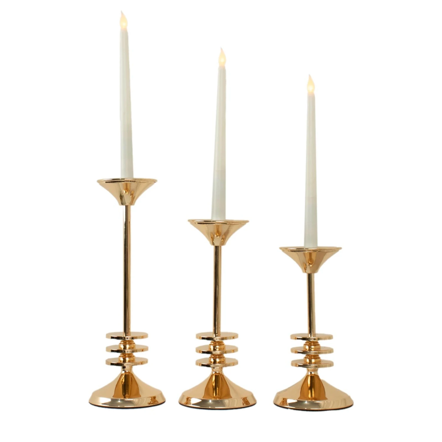 Set Of 3 | Gold Metal Taper Candlestick Holders, 3 Disk Pedestal Design Candle Stands - 9", 11", 13" 8 Set Of 3 | Gold Metal Taper Candlestick Holders, 3 Disk Pedestal Design Candle Stands - 9", 11", 13" - Image 8