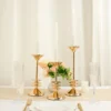 Set Of 3 | Gold Metal Taper Candlestick Holders, 3 Disk Pedestal Design Candle Stands - 9", 11", 13"