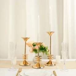 Set Of 3 | Gold Metal Taper Candlestick Holders, 3 Disk Pedestal Design Candle Stands - 9", 11", 13"