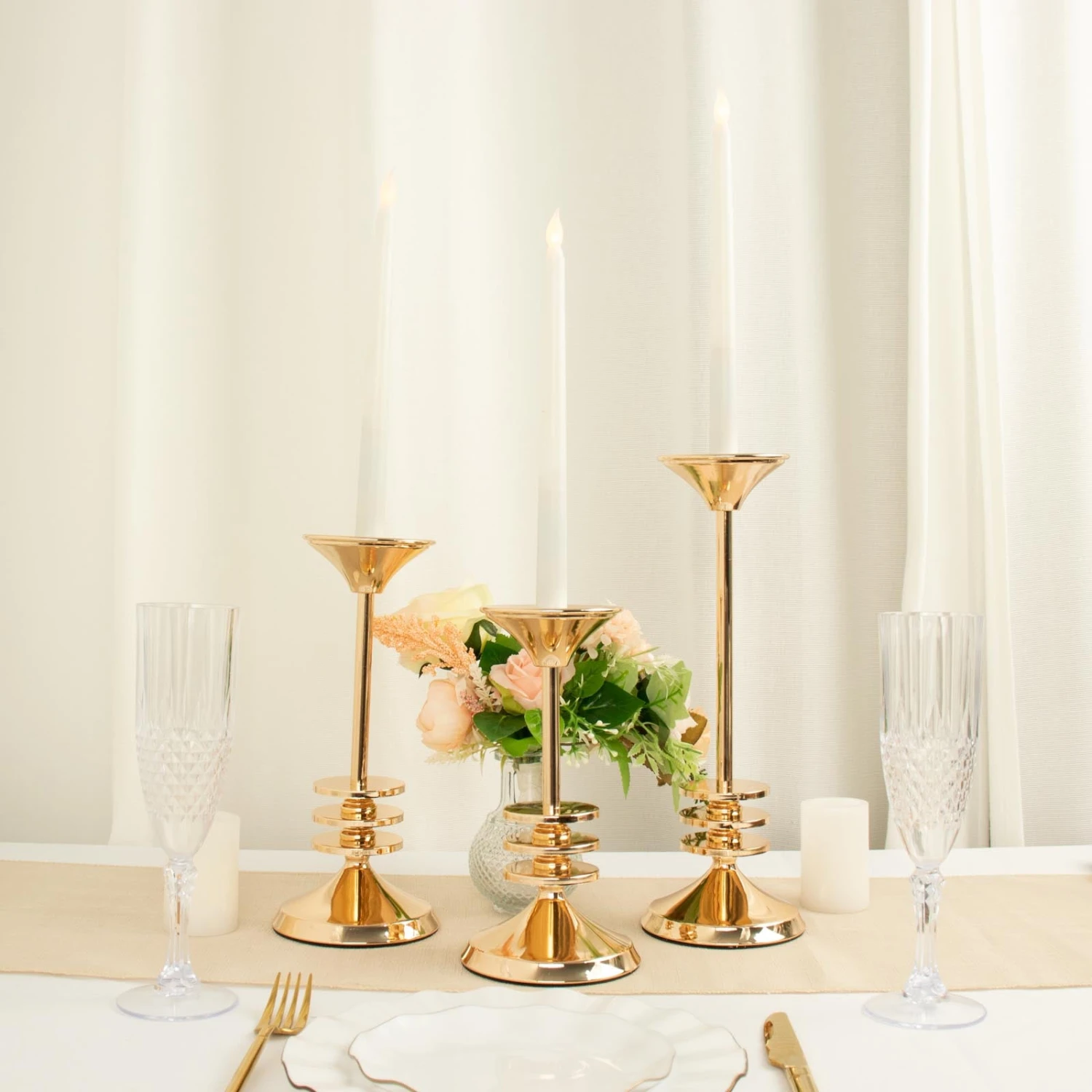 Set Of 3 | Gold Metal Taper Candlestick Holders, 3 Disk Pedestal Design Candle Stands - 9", 11", 13" 1 Set Of 3 | Gold Metal Taper Candlestick Holders, 3 Disk Pedestal Design Candle Stands - 9", 11", 13"