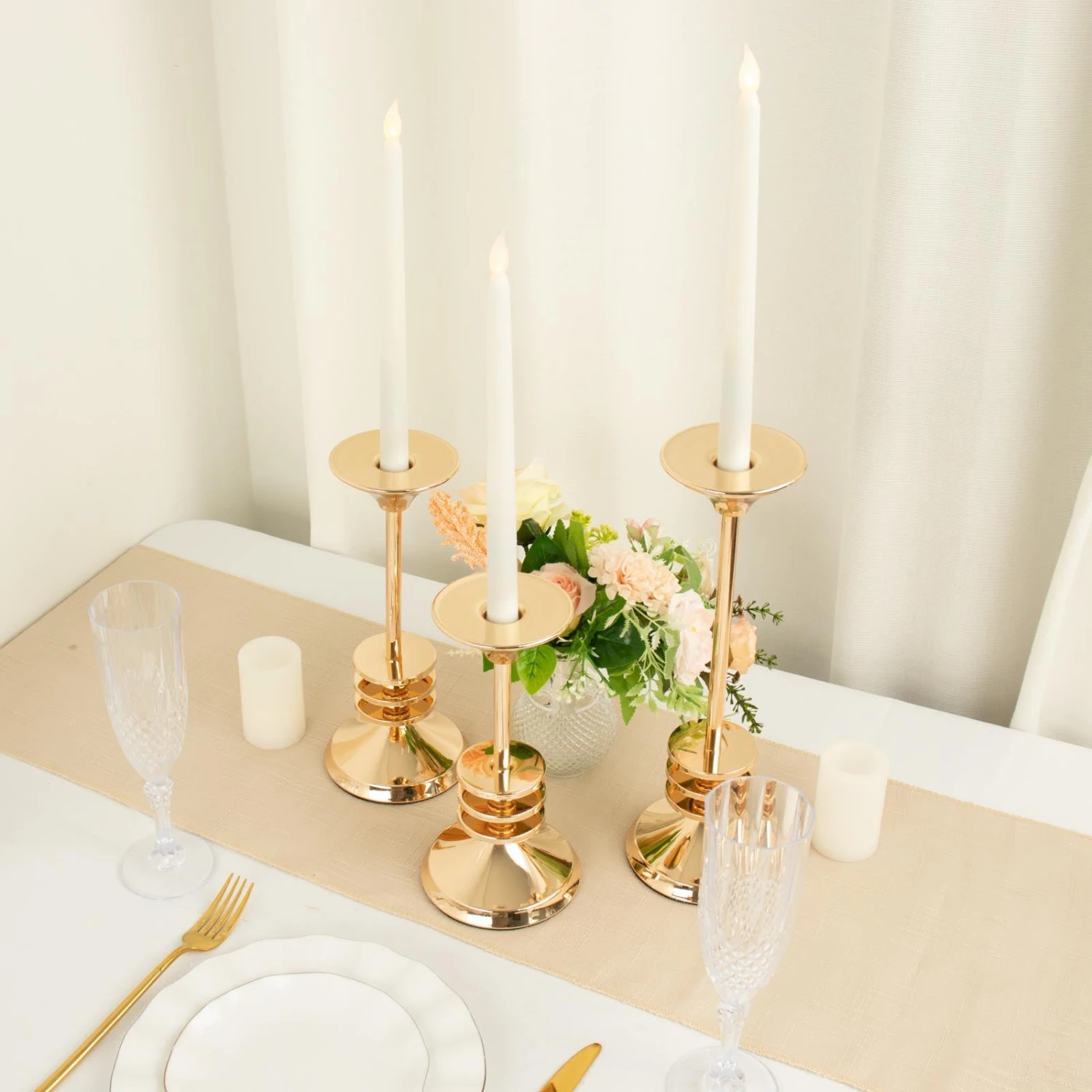 Set Of 3 | Gold Metal Taper Candlestick Holders, 3 Disk Pedestal Design Candle Stands - 9", 11", 13" 2 Set Of 3 | Gold Metal Taper Candlestick Holders, 3 Disk Pedestal Design Candle Stands - 9", 11", 13" - Image 2