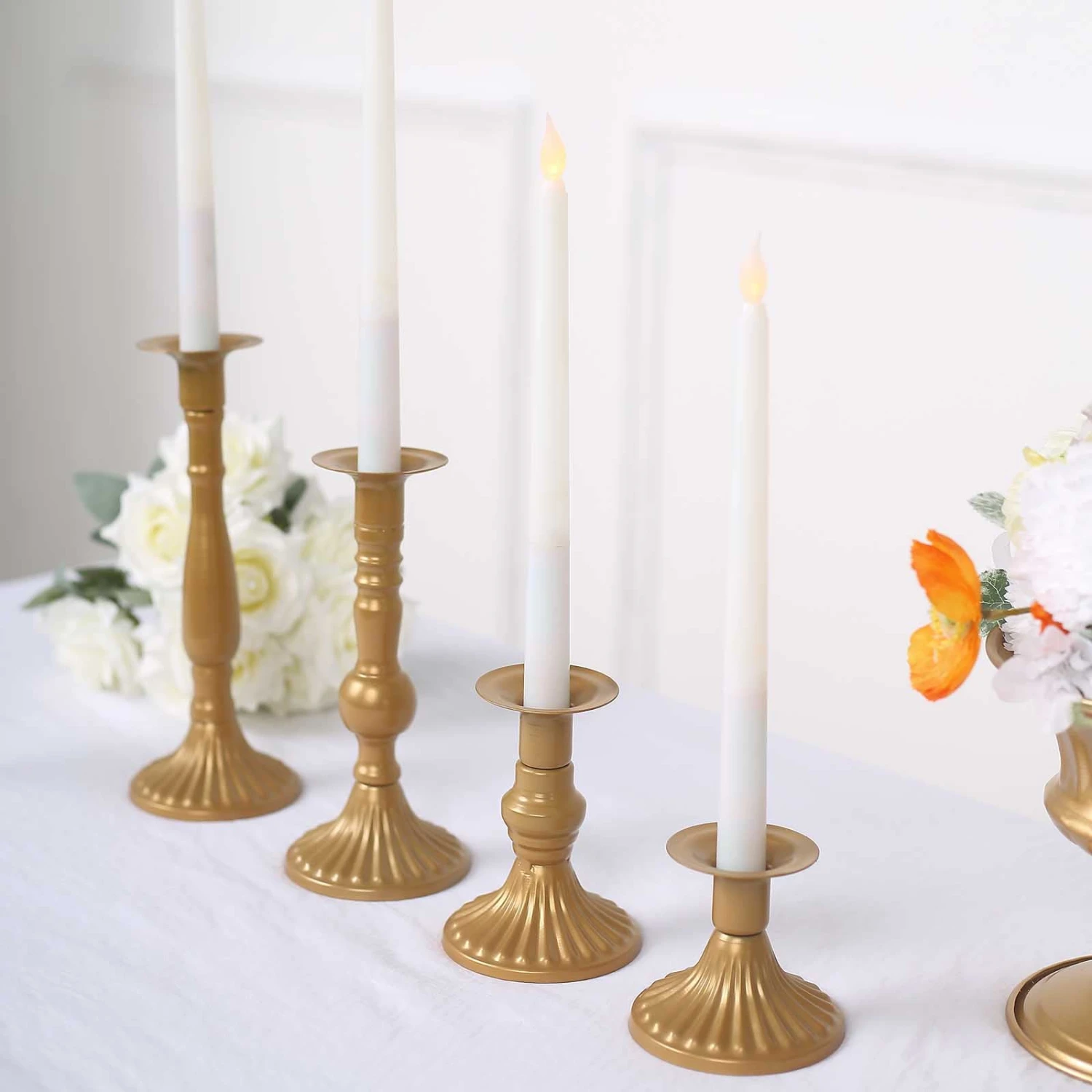 Set Of 4 | Gold Baroque Metal Taper Candle Holder Centerpieces, Vintage Candlestick Stands - 9", 8", 5", 3" 5 Set Of 4 | Gold Baroque Metal Taper Candle Holder Centerpieces, Vintage Candlestick Stands - 9", 8", 5", 3" - Image 5