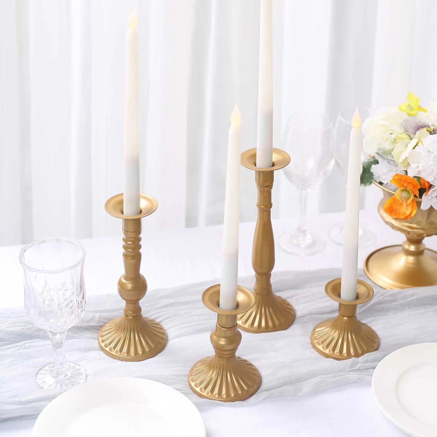 Set Of 4 | Gold Baroque Metal Taper Candle Holder Centerpieces, Vintage Candlestick Stands - 9", 8", 5", 3" 6 Set Of 4 | Gold Baroque Metal Taper Candle Holder Centerpieces, Vintage Candlestick Stands - 9", 8", 5", 3" - Image 6