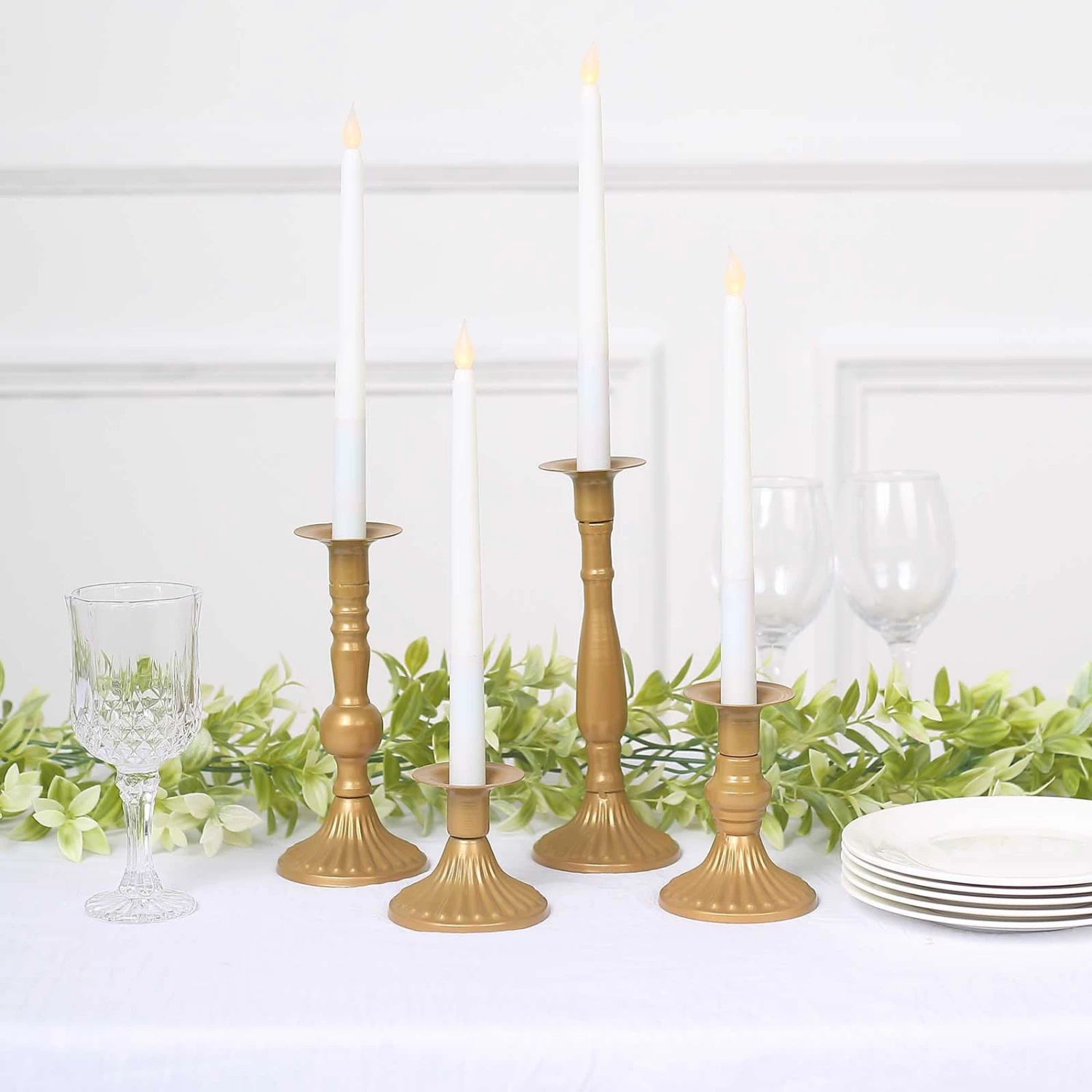 Set Of 4 | Gold Baroque Metal Taper Candle Holder Centerpieces, Vintage Candlestick Stands - 9", 8", 5", 3" 8 Set Of 4 | Gold Baroque Metal Taper Candle Holder Centerpieces, Vintage Candlestick Stands - 9", 8", 5", 3" - Image 8