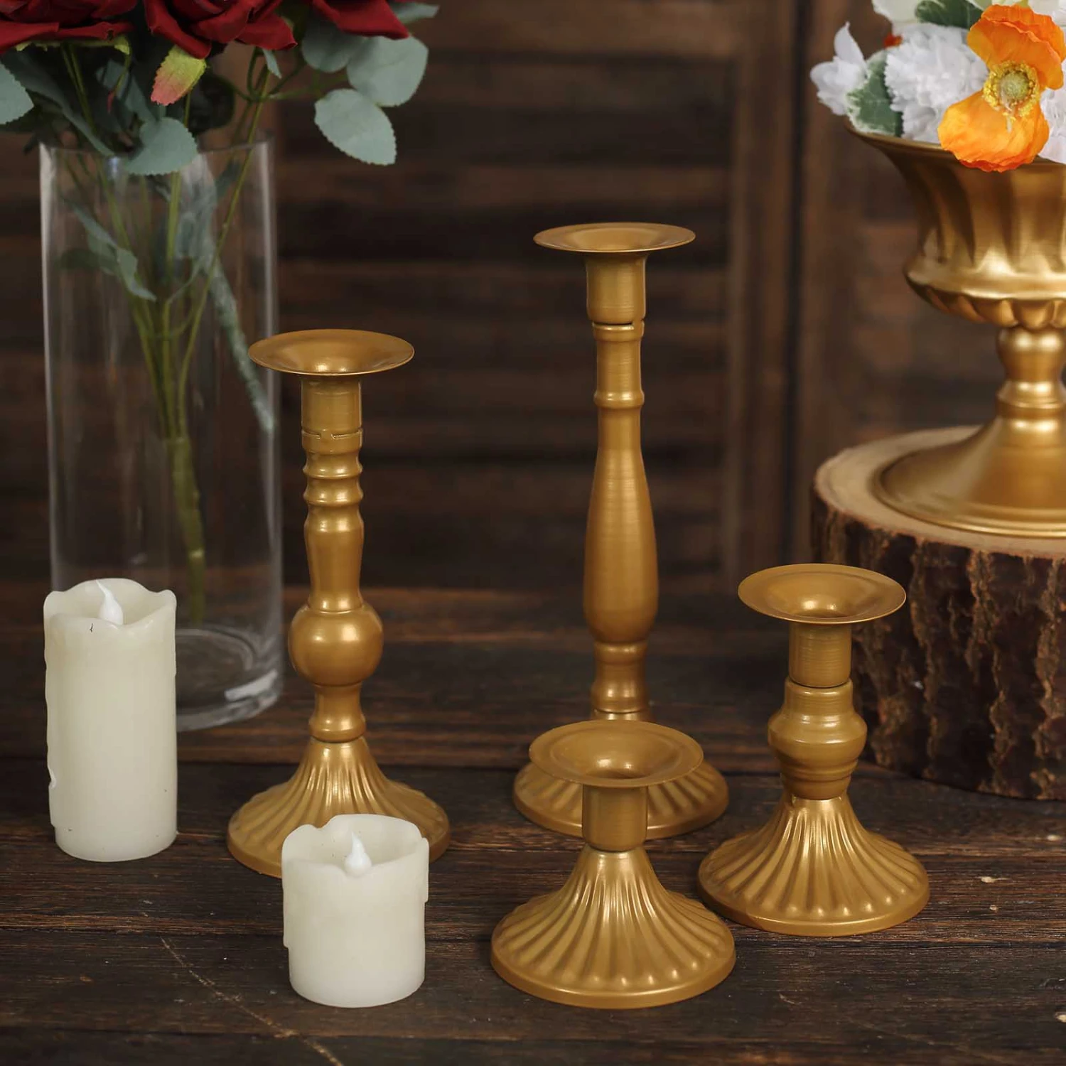 Set Of 4 | Gold Baroque Metal Taper Candle Holder Centerpieces, Vintage Candlestick Stands - 9", 8", 5", 3" 1 Set Of 4 | Gold Baroque Metal Taper Candle Holder Centerpieces, Vintage Candlestick Stands - 9", 8", 5", 3"