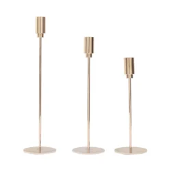 Set Of 3 | Gold Metal Taper Candle Stands With Round Solid Base, Decorative Candlestick Holder Set - 9",10",13" -Home Decor Promotional Store IRON CAND TP016 GOLD 99