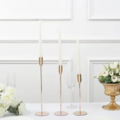 Set Of 3 | Gold Metal Taper Candle Stands With Round Solid Base, Decorative Candlestick Holder Set - 9",10",13" -Home Decor Promotional Store IRON CAND TP016 GOLD D02