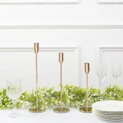 Set Of 3 | Gold Metal Taper Candle Stands With Round Solid Base, Decorative Candlestick Holder Set - 9",10",13" -Home Decor Promotional Store IRON CAND TP016 GOLD D04