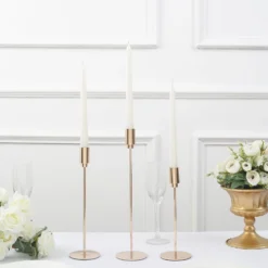 Set Of 3 | Gold Metal Taper Candle Stands With Round Solid Base, Decorative Candlestick Holder Set - 9",10",13" -Home Decor Promotional Store IRON CAND TP016 GOLD D05