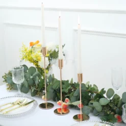 Set Of 3 | Gold Metal Taper Candle Stands With Round Solid Base, Decorative Candlestick Holder Set - 9",10",13"