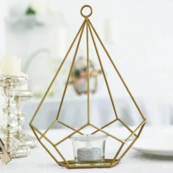 2 Pack Metal Pentagon Tealight Candle Holders, Open Frame Geometric Flower Stand 9" -Home Decor Promotional Store IRON HOLD 001 GOLD 01