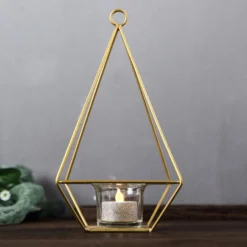 2 Pack Metal Pyramid Shaped Tealight Candle Holders, Open Frame Geometric Flower Stand 9" -Home Decor Promotional Store IRON HOLD 002 GOLD D09