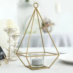 2 Pack Metal Pyramid Shaped Tealight Candle Holders, Open Frame Geometric Flower Stand 9" -Home Decor Promotional Store IRON HOLD 002 GOLD 01