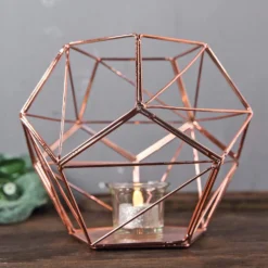 Metal Pentagon Prism Tealight Candle Holder, Open Frame Geometric Flower Stand 7"