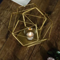 Metal Pentagon Prism Tealight Candle Holder, Open Frame Geometric Flower Stand 7" -Home Decor Promotional Store IRON HOLD 003 GOLD D07.progressive 219240ec f385 4575 9225 54beb0337da9