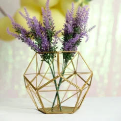 Metal Pentagon Prism Tealight Candle Holder, Open Frame Geometric Flower Stand 7" -Home Decor Promotional Store IRON HOLD 003 GOLD D15