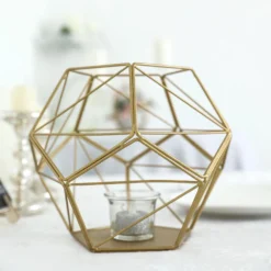 Metal Pentagon Prism Tealight Candle Holder, Open Frame Geometric Flower Stand 7" -Home Decor Promotional Store IRON HOLD 003 GOLD 01