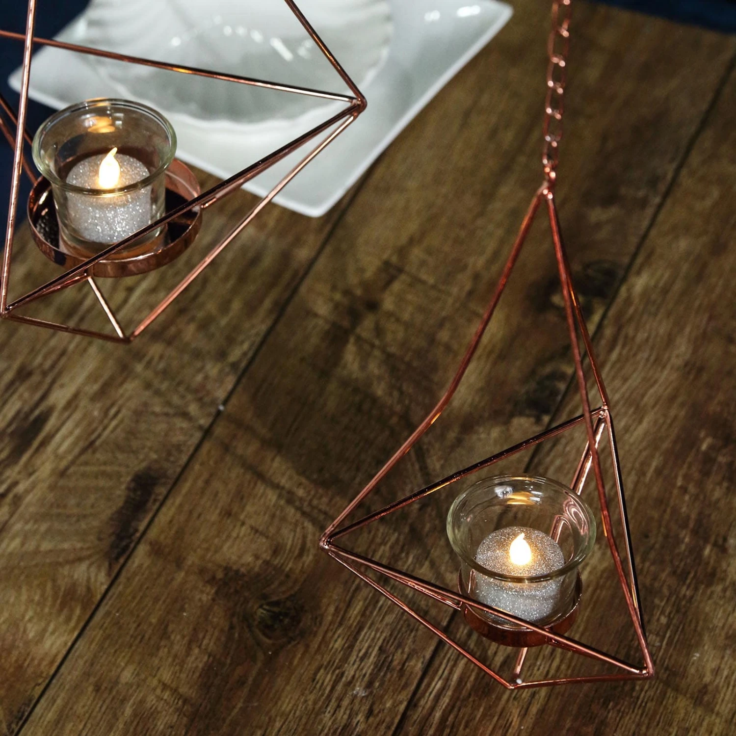 Set Of 2 | Hanging Diamond Tealight Candle Holders, Open Frame Metal Geometric Flower Terrariums - 12", 15" 4 Set Of 2 | Hanging Diamond Tealight Candle Holders, Open Frame Metal Geometric Flower Terrariums - 12", 15" - Image 4