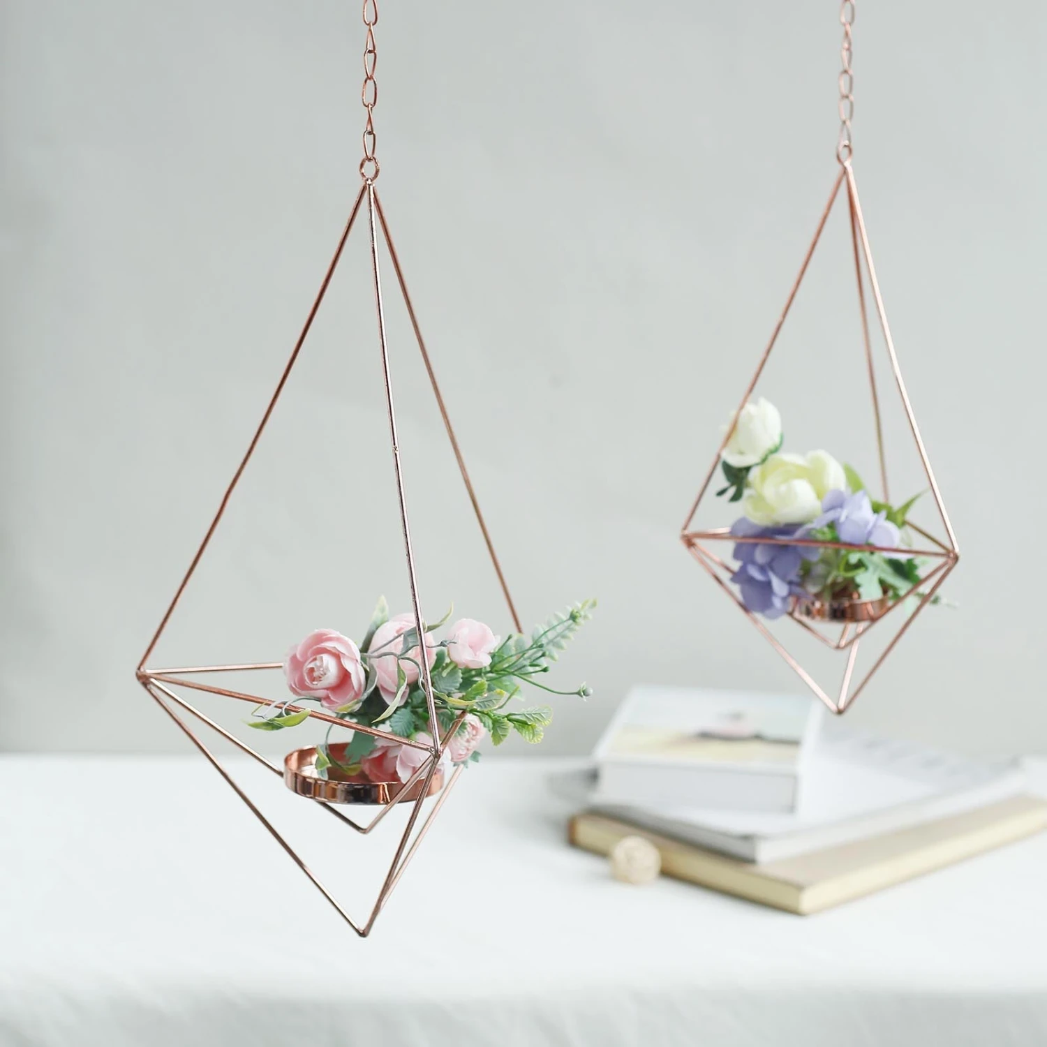 Set Of 2 | Hanging Diamond Tealight Candle Holders, Open Frame Metal Geometric Flower Terrariums - 12", 15" 12 Set Of 2 | Hanging Diamond Tealight Candle Holders, Open Frame Metal Geometric Flower Terrariums - 12", 15" - Image 12