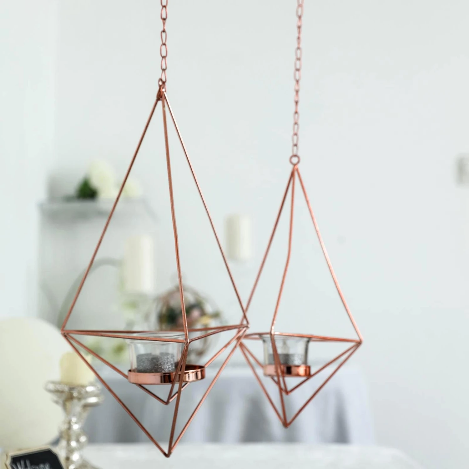 Set Of 2 | Hanging Diamond Tealight Candle Holders, Open Frame Metal Geometric Flower Terrariums - 12", 15" 13 Set Of 2 | Hanging Diamond Tealight Candle Holders, Open Frame Metal Geometric Flower Terrariums - 12", 15" - Image 13