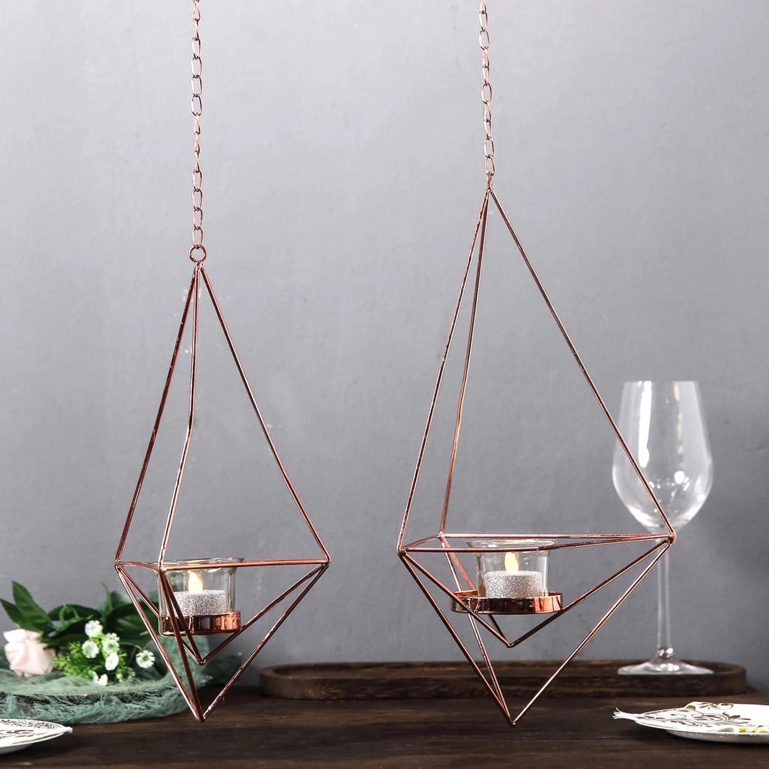 Set Of 2 | Hanging Diamond Tealight Candle Holders, Open Frame Metal Geometric Flower Terrariums - 12", 15" 11 Set Of 2 | Hanging Diamond Tealight Candle Holders, Open Frame Metal Geometric Flower Terrariums - 12", 15" - Image 11