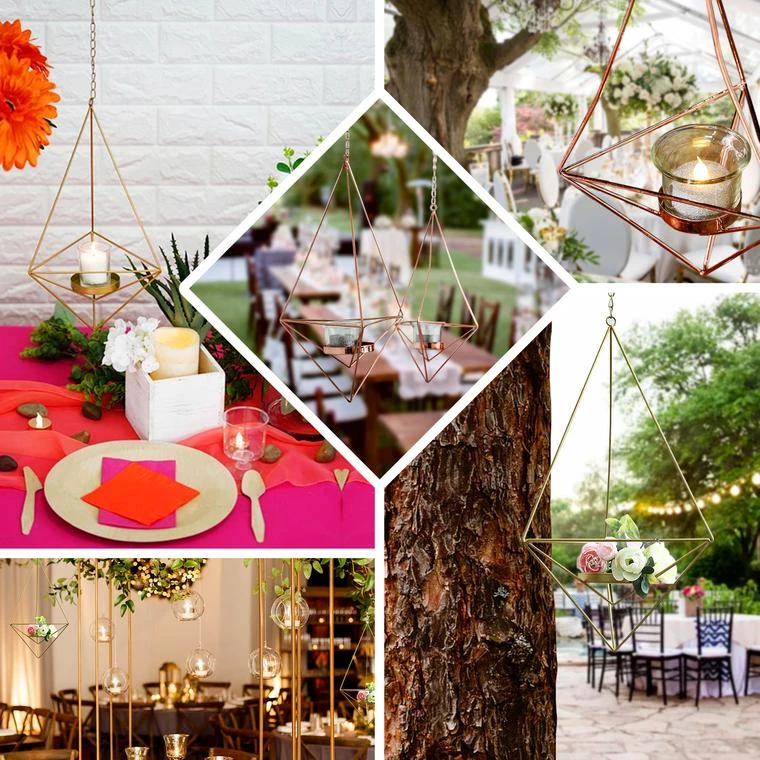 Set Of 2 | Hanging Diamond Tealight Candle Holders, Open Frame Metal Geometric Flower Terrariums - 12", 15" 3 Set Of 2 | Hanging Diamond Tealight Candle Holders, Open Frame Metal Geometric Flower Terrariums - 12", 15" - Image 3