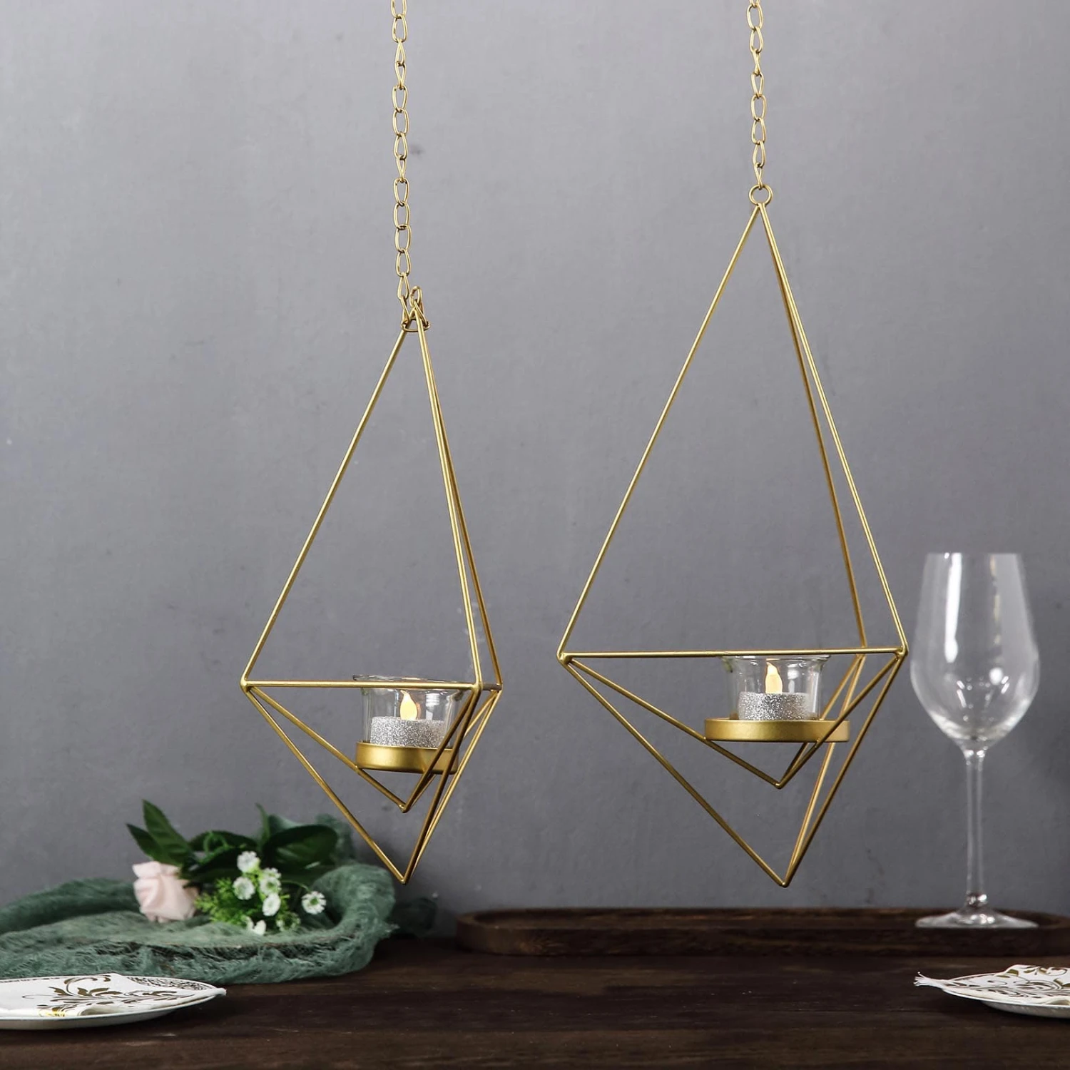 Set Of 2 | Hanging Diamond Tealight Candle Holders, Open Frame Metal Geometric Flower Terrariums - 12", 15" 7 Set Of 2 | Hanging Diamond Tealight Candle Holders, Open Frame Metal Geometric Flower Terrariums - 12", 15" - Image 7