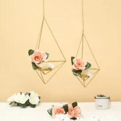 Set Of 2 | Hanging Diamond Tealight Candle Holders, Open Frame Metal Geometric Flower Terrariums - 12", 15"