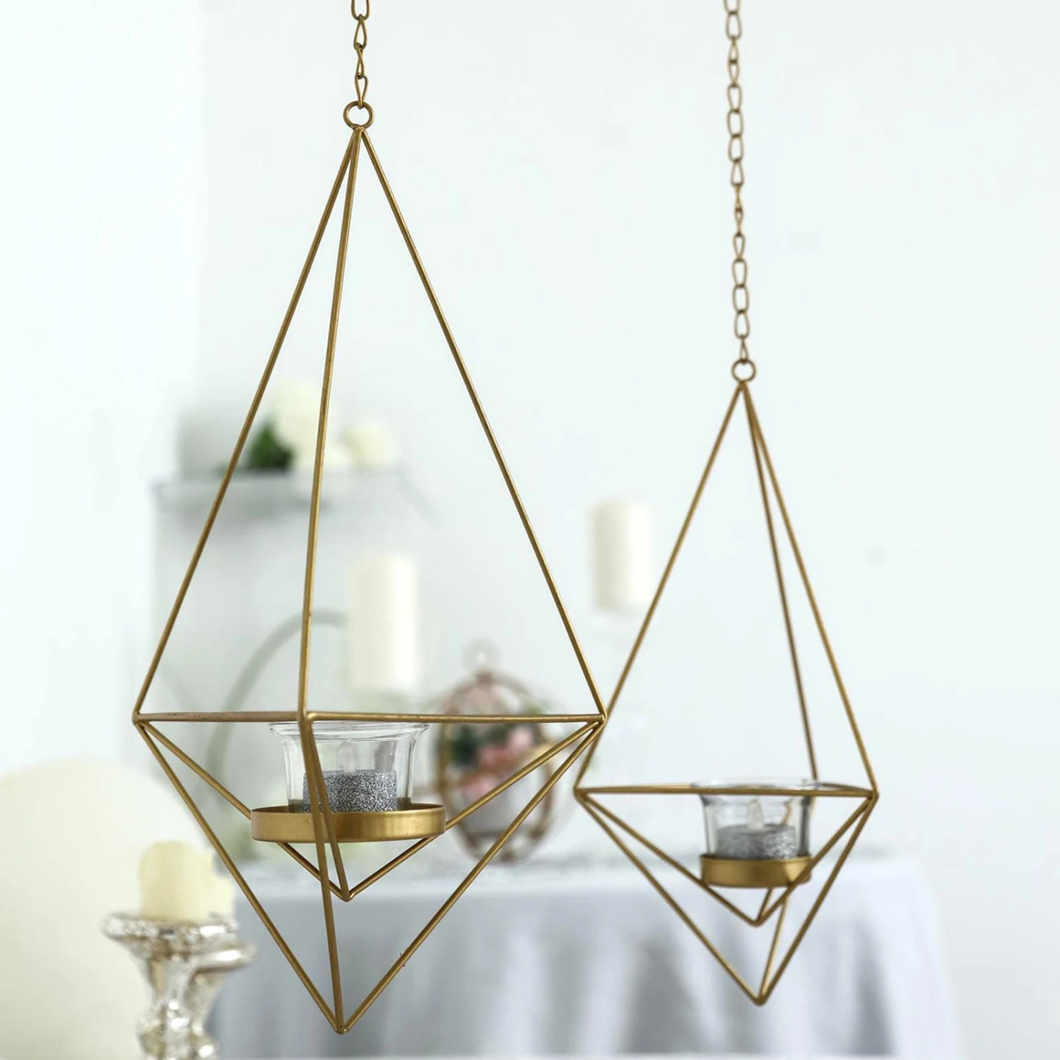 Set Of 2 | Hanging Diamond Tealight Candle Holders, Open Frame Metal Geometric Flower Terrariums - 12", 15" 9 Set Of 2 | Hanging Diamond Tealight Candle Holders, Open Frame Metal Geometric Flower Terrariums - 12", 15" - Image 9