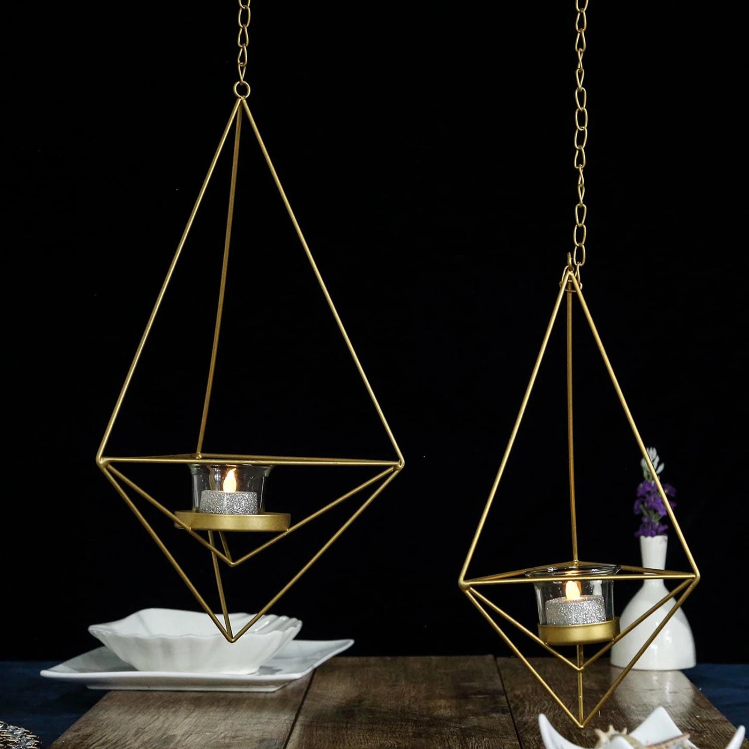 Set Of 2 | Hanging Diamond Tealight Candle Holders, Open Frame Metal Geometric Flower Terrariums - 12", 15" 10 Set Of 2 | Hanging Diamond Tealight Candle Holders, Open Frame Metal Geometric Flower Terrariums - 12", 15" - Image 10