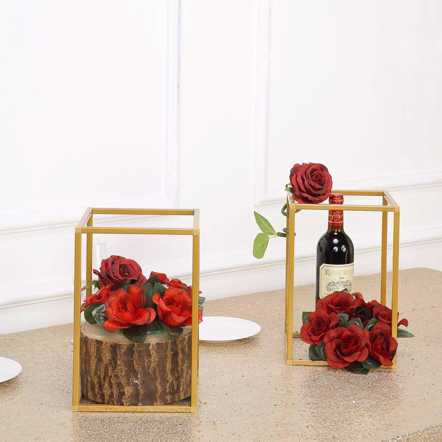 Rectangular Gold Metal Home Accent Flower Stand, Geometric Centerpiece Vases 4 Rectangular Gold Metal Home Accent Flower Stand, Geometric Centerpiece Vases - Image 4