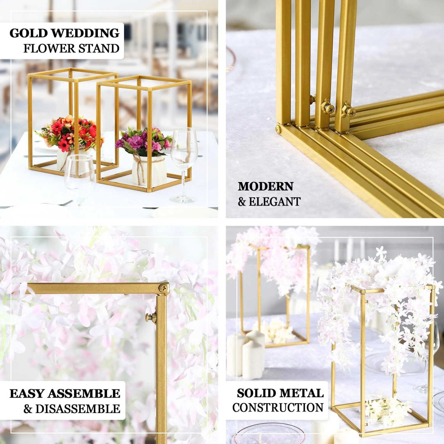 Rectangular Gold Metal Home Accent Flower Stand, Geometric Centerpiece Vases 2 Rectangular Gold Metal Home Accent Flower Stand, Geometric Centerpiece Vases - Image 2