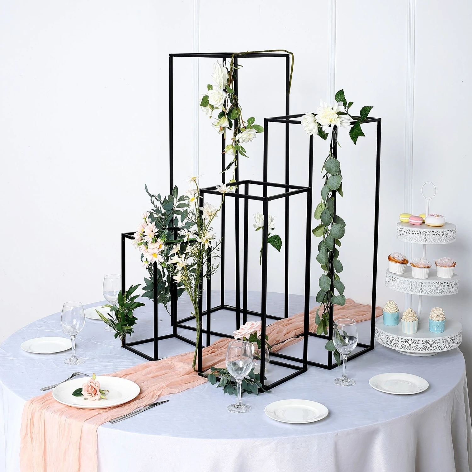 Rectangular Matte Black Metal Flower Stand, Geometric Centerpiece Vases 4 Rectangular Matte Black Metal Flower Stand, Geometric Centerpiece Vases - Image 4
