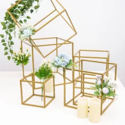 2 Pack Square Gold Metal Home Accent Flower Stand, Geometric Centerpiece Vases