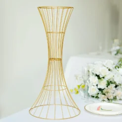 Gold Metal Wire Trumpet Shaped Flower Centerpiece Stand, Hourglass Open Frame Reversible Pedestal Prop -Home Decor Promotional Store IRON STND07 24 GOLD D05